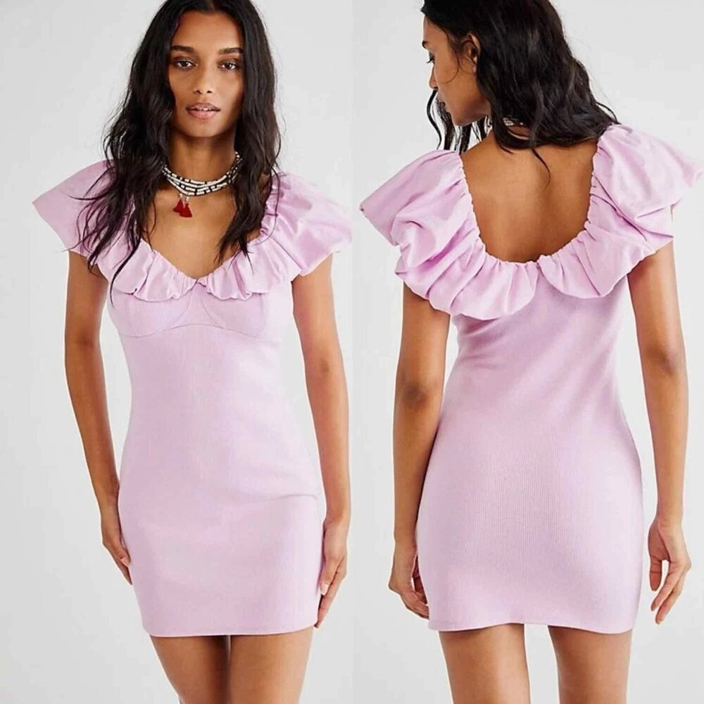 Free People Beach Talia Mini Dress Purple Sz LG ruffled‎ flounce summer feminine